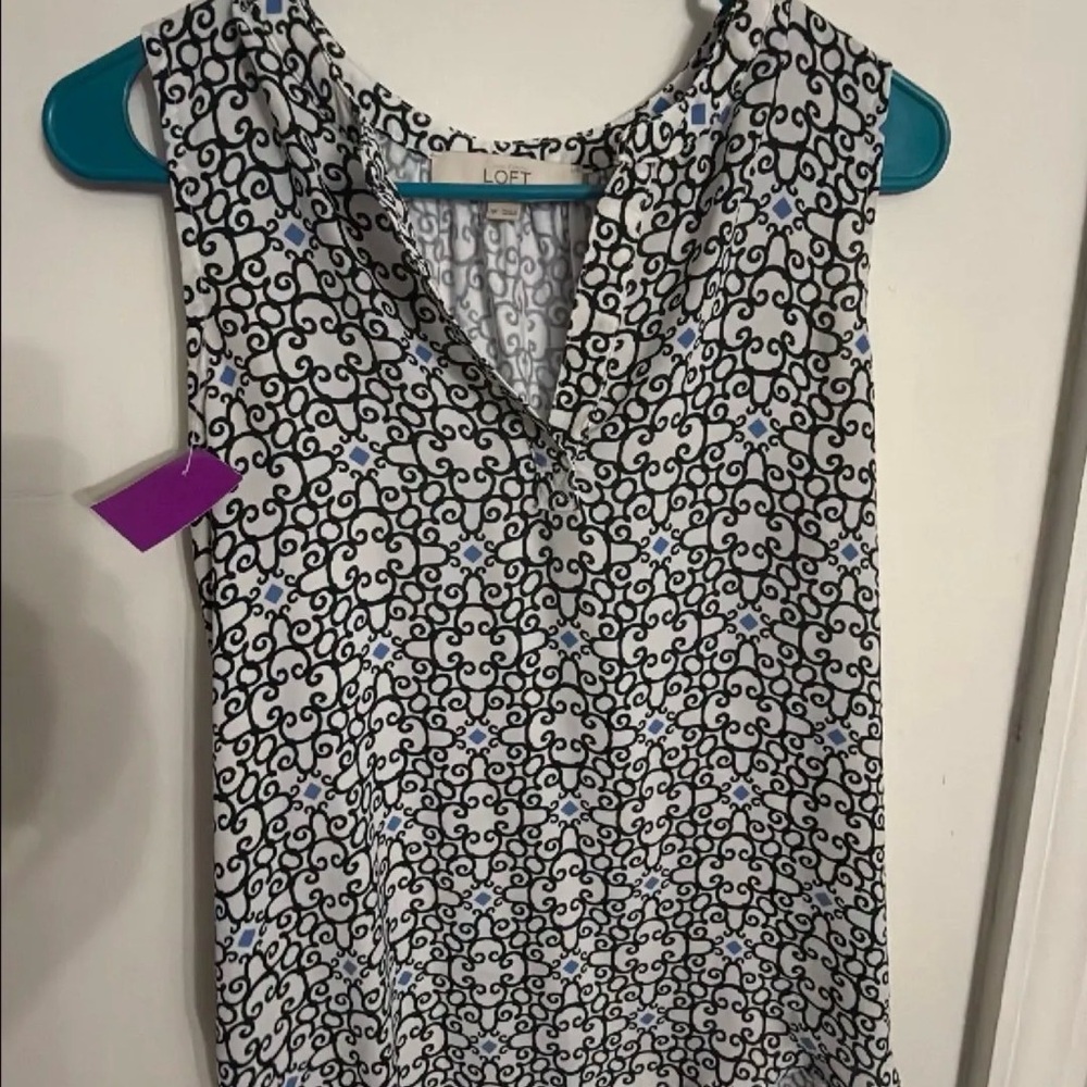 LOFT White Tank Top with Black Scroll Print